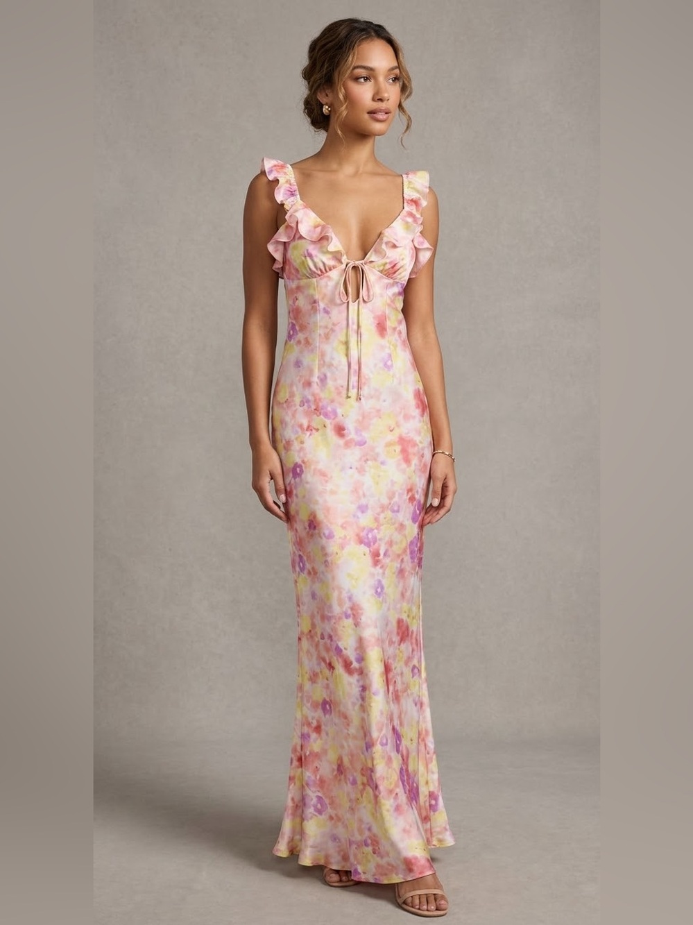 Missguided Floral Tie-Dye Satin Ruffle Maxi Dress, Size L